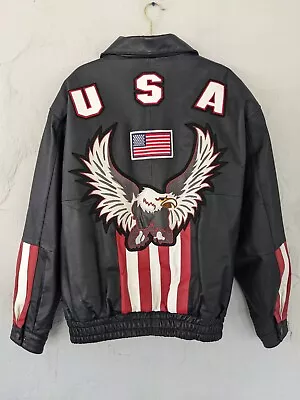 Biker Moto Genuine Black Leather Bomber Jacket USA Flag Bald Eagle Men's 3XL • $54