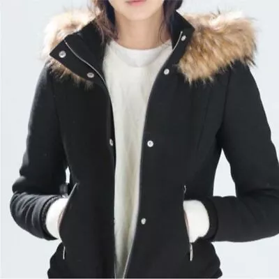 Zara Women’s Basic Outerwear Black Jacked Fur Hood Size Small • $55