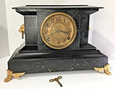 Antique E. Ingraham 8 Day Spring Wound Restored (Case)Black Mantle Clock-Working • $110