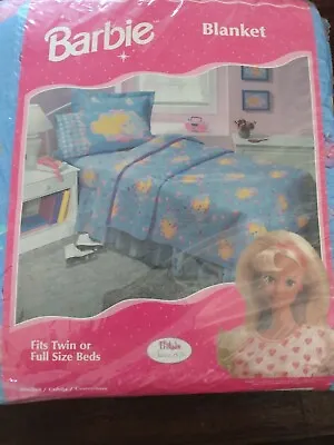 New Barbie Twin Or Full Size Blanket Blue Vintage NIP 72x90 • $35.99