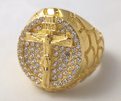 $60 • Buy G-Filled 18k Yellow Gold Jesus Mens Ring Simulated Diamond Cross Christ Crucifix