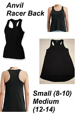 Womens Ladies BLACK Anvil Stretch Racer Back Vest Tank  Vest Gym Sports Top S/M • £7.69