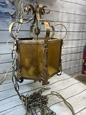 Vintage Brass Tone Amber Glass Hanging Pendant Light Fixture Needs Wired Regency • $125