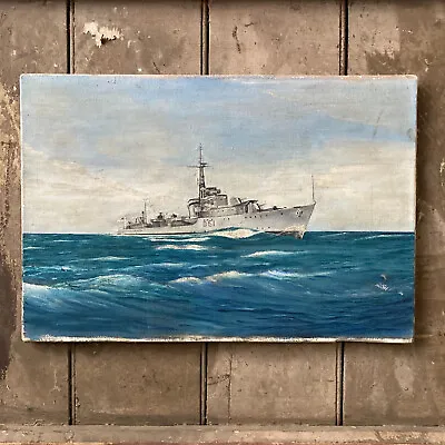 Vintage WWI Royal Navy Warship Oil Painting Naval Destroyer History Folk Art • £235