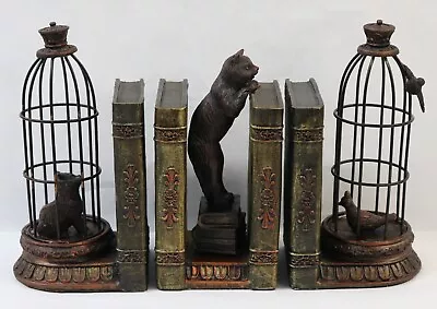 3 Pc Bookend Set: Curious Cat & Birds In Birdcage W/Book ▪ Antique Bronze Finish • $49.99