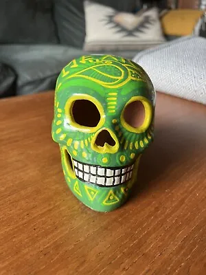 Medium Mexican Sugar Skull Ornament Day Of The Dead Decor - Green & Multicolour • £18