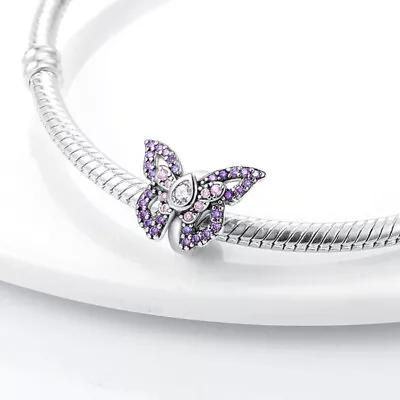 Genuine Sterling Silver 925 Pink Purple Crystal Butterfly Stopper Charm • £14.99