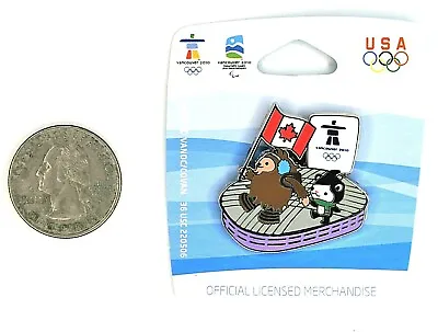 Vancouver 2010 Mascot Winter Olympics Pin - Quatchi & Miga With Canadian Flag • $7