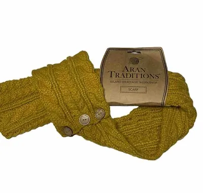 Aran Traditions Mustard Yellow Cable Knit Soft Scarf Wood Buttons • $24