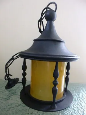 £179.99 • Buy Black Cast Iron Hanging Lantern Outside Porch Light Milky Amber Yellow Glass