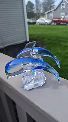 MURANO Style Glass Jumping Dolphins Paperweight Clear Blue White Figurine Heavy • $14.50
