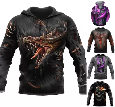 Mens Graphic Print Hoodie Sweatshirt Top Japanese Fantasy Dragons - Sizes S-6xl • $38.43