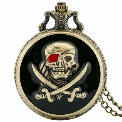 Vintage Steampunk Mens Pirates Skull Quartz Pocket Watch Necklace Chain Gift • $4.59