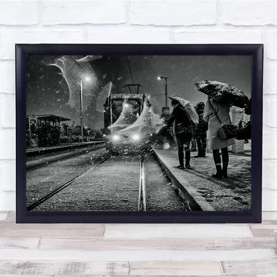 Street Winter Snow Train Metro Railway Railroad Tracks Umbrella Wall Art Print • $12.62