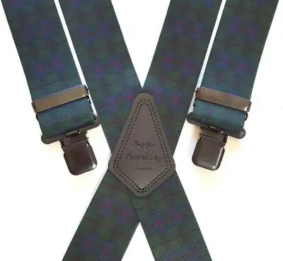 Mens Braces Heavy Duty 2  Tartan Hunter Green Plaid Trouser Black Clips • £18.99