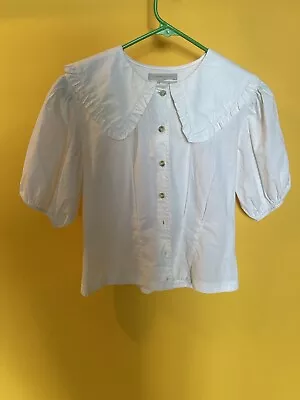 $19 • Buy Urban Outfitters White Puff Sleeve Button Up Top Puritan Peter Pan Collar Size S