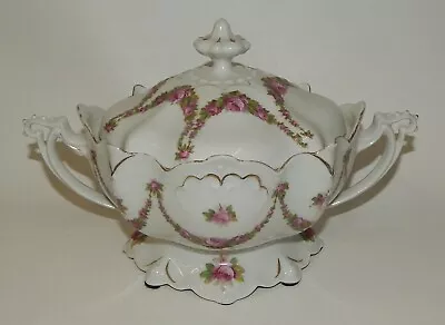 Antique M&Z Austria Porcelain Pink Roses Lidded Handled Candy Or Serving Dish • $39.99