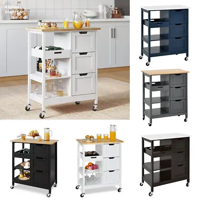 Home Rolling Kitchen Trolley Cart 33'' Tall Wood Storage Drawers Stand Shelves • $79.99