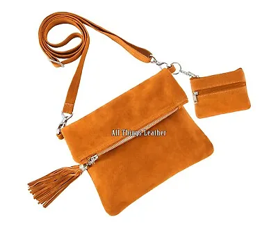 Women's Suede Real Leather Messenger Bag Fold-Over Crossbody Bag With Coin Pouch • £23.99