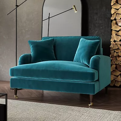 Teal Blue Velvet Loveseat Foam Filled With Dark Wood And Gold Legs Saddle Arms • £479.92