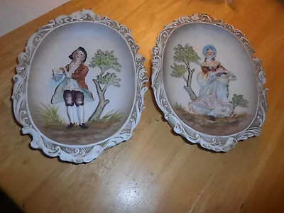 Vintage LEFTON CHINA Pair KW4768 Bisque Relief Hand-Painted Wall Hangings • $14.99