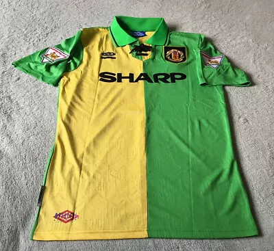 Manchester United 1992-94 Eric Cantona Yellow/Green Newton Heath Away Jersey XL • £54.99