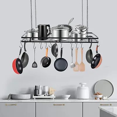 Modern Hanging Pot Holder Pan Hanger Kitchen Ceiling Rack With 12 Hooks Black • $39