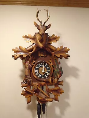 Vintage German Cuckoo Clock Mfg Large Deer Hunter 30 Hour Multi Color Clock Runs • $43