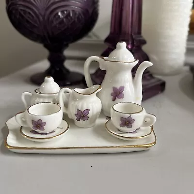 Vintage Miniature Porcelain Tea Set With Purple Clematis Gold Trim 10 Piece Set • $9.50