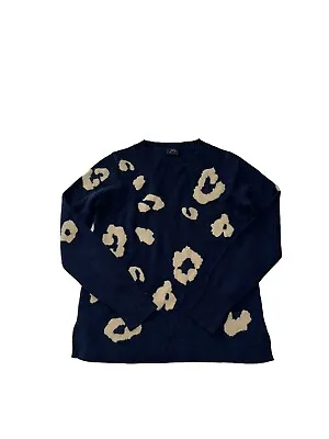 J. Crew XS Navy Blue And Tan Cashmere Sweater Leopard Print Crew Neck Flaw • $19.99
