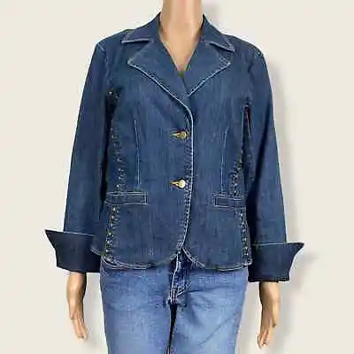 $9.60 • Buy VS2 By Vakko Blue Studded Denim Flip Cuff Tailored Casual Blazer Jacket Size 4