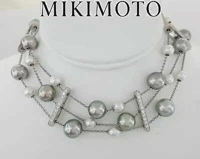 Mikimoto 7-11 Mm South Sea Pearl 3-Strand 3.6 Ct Diamond Choker Necklace 18K WG • $9495.25