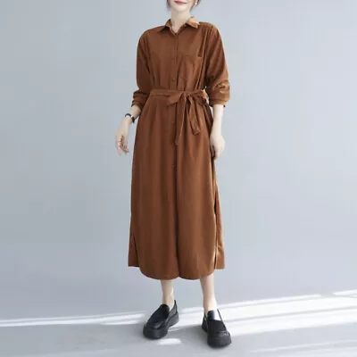 Fashion Lady Midi Corduroy Dress A-line Slit Casual Vintage Ethnic Chinese Style • $34.19