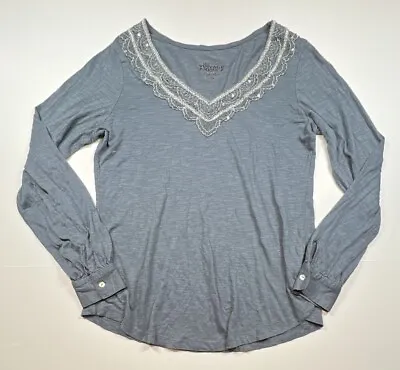 Nine West Vintage America Long Sleeve Blouse Top Lace Trim Gray Size Small • $14.95