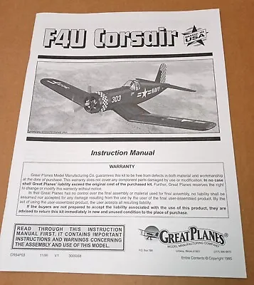 Great Planes F4U Corsair .40 Size Manual Instruction Book CRS4P03 • $21.95