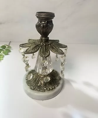 Vintage Brass Crystal CANDLE STICK HOLDER Marble Base 7” Tall Regency Hollywood • $39.99