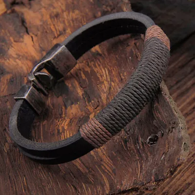 Men's Black Brown Vintage Hemp Leather Wrap Wristband Bracelet Bangle Jewelry • £2.15