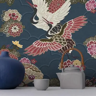 £14.99 • Buy Akari Kyoto Cranes Rasch Wallpaper Navy 282763 Japanese Birds Floral Textured