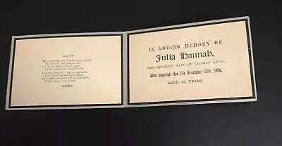Victorian In Memoriam Mourning Card-  Julia Hannah Lygo -died 1894 Aged 39 • £3.50
