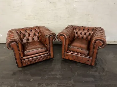 Chesterfield Club Chairs A Beautiful Matching Pair In Cedar Brown Leather • £695