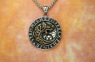 Fenrir Necklace Garmr Dire Wolf Hellhound Yggdrasil Runes Pendant Stainless • $22.99