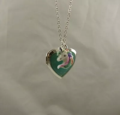 Necklace Unicorn Heart Locket Silvertone Bling • $7.99