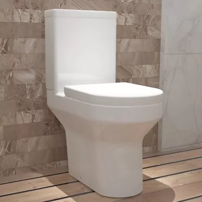 Rimless Close Coupled Toilet Ceramic Modern Bathroom Soft Close Seat White Round • £134.74