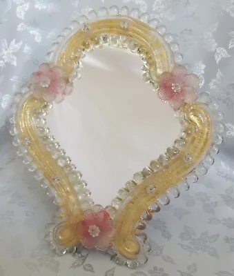 Vintage Venetian Murano Glass Mirror Vanity Table Or Wall Pink Flowers Italy • $185