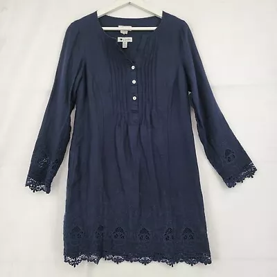 Malvin Embroidered Pleated Shift Dress 100% Linen Womens Medium Navy Blue Lace • $20.95