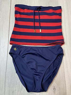 Lauren Ralph Lauren Two Piece Swimsuit Size 10 Navy Red Stripe Bikini Made USA • £36.10