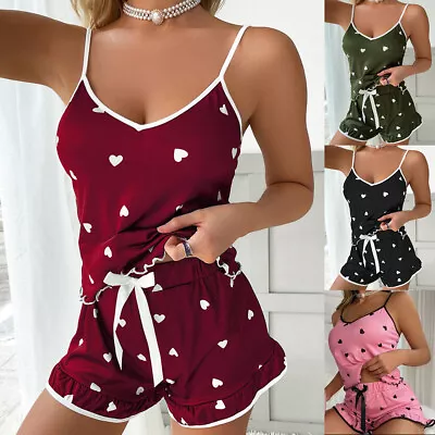 £4.09 • Buy Womens Heart Print Pyjamas Cami Vest Shorts Set Sleepwear Nightwear Pajamas PJs.