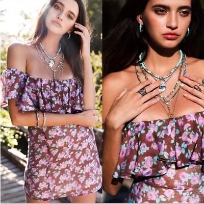 Vanessa Mooney | The Joelyn Brown Mini Dress Floral Off The Shoulder Boho | S • $128