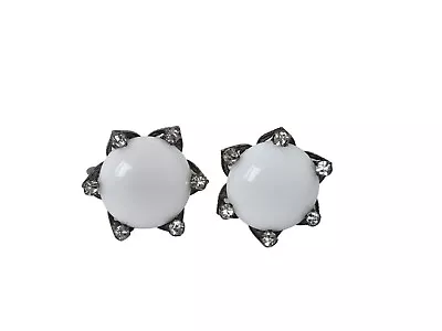 Vintage Silver Tone Filigree & Milk Glass Clip Earrings W/ Rhinestones • $12