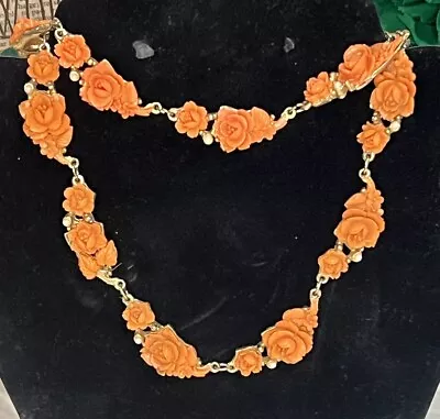 Coro Faux Carved Orange Coral Necklace BraceletSet Vintage • $45